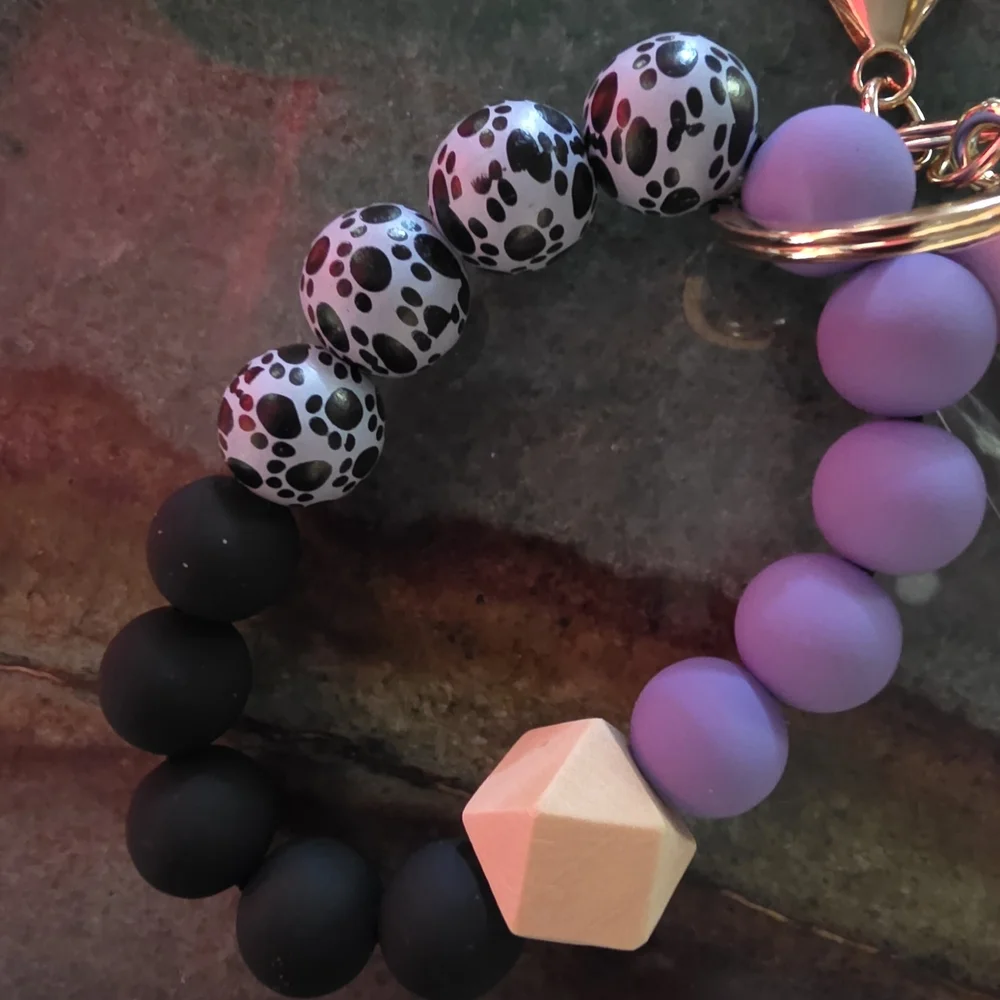 Purple and Black Beaded Wristlet Bagcharm with Tassel Keychain